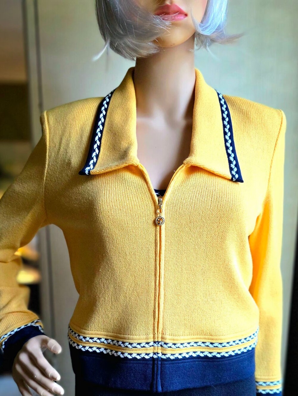 St John Collection Yellow Navy Knit Jacket Shell 2 Piece Set Sz 2 S